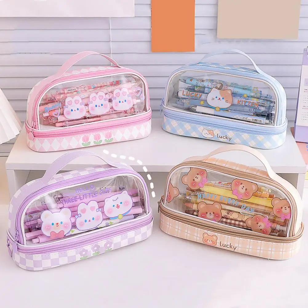 

Creative Pencil Pouch Portable Faux Leather Pen Case Cartoon Bear Bunny INS Double Layer Pencil Bag