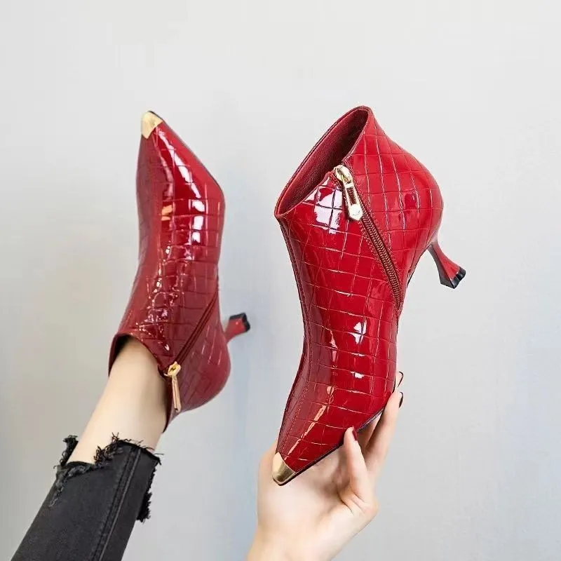 

Snake Pattern Women Short Boots,2021 New Pointed toe Red Shoes,Ankle Botas,Thin Heel,Back Zip,BLACK,BEIGE,Dropshipping