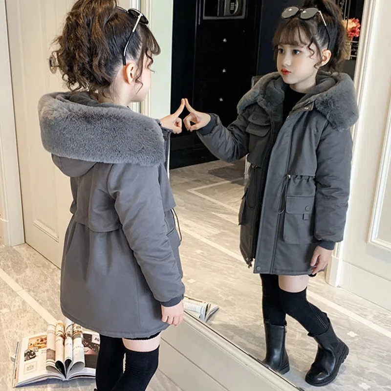 

5-14 Years Winter Girls Coat Plus Velvet Keep Warm Jacket For Girls Parka Snowsuit Fashion Hooded Teenagers Children Outerwear