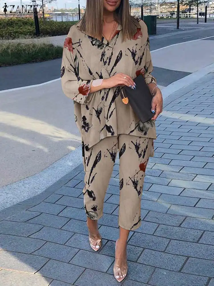 

2022 ZANZEA Summer Women Matching Set 3/4 Sleeve High Low Lapel Floral Print Blouse Loose Pant Bohemian Elegant Work Urban Suit
