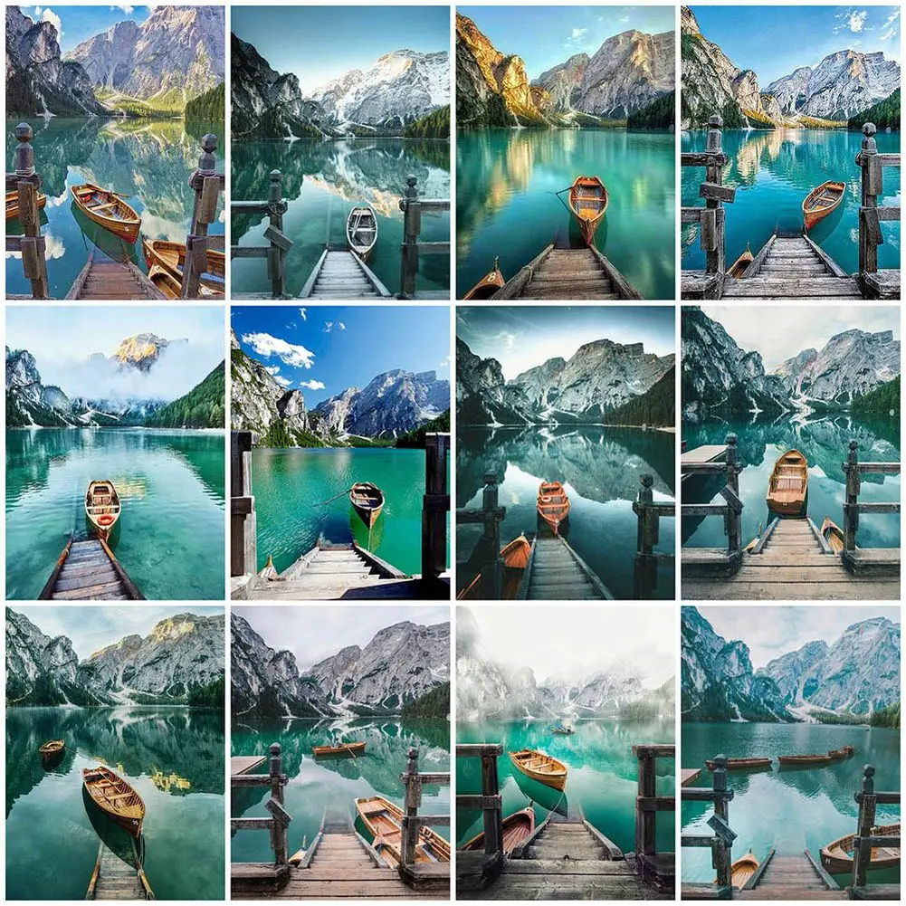 

Алмазная 5D живопись «сделай сам», пейзаж, горы и озеро, лодка, полная выкладка, круглая вышивка, ручная работа, домашний декор