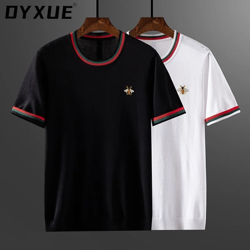 

DYXUE Brand European bee embroidered t-shirt knitting men 2022 summer new high-end ice silk short sleeve youth casual top trend