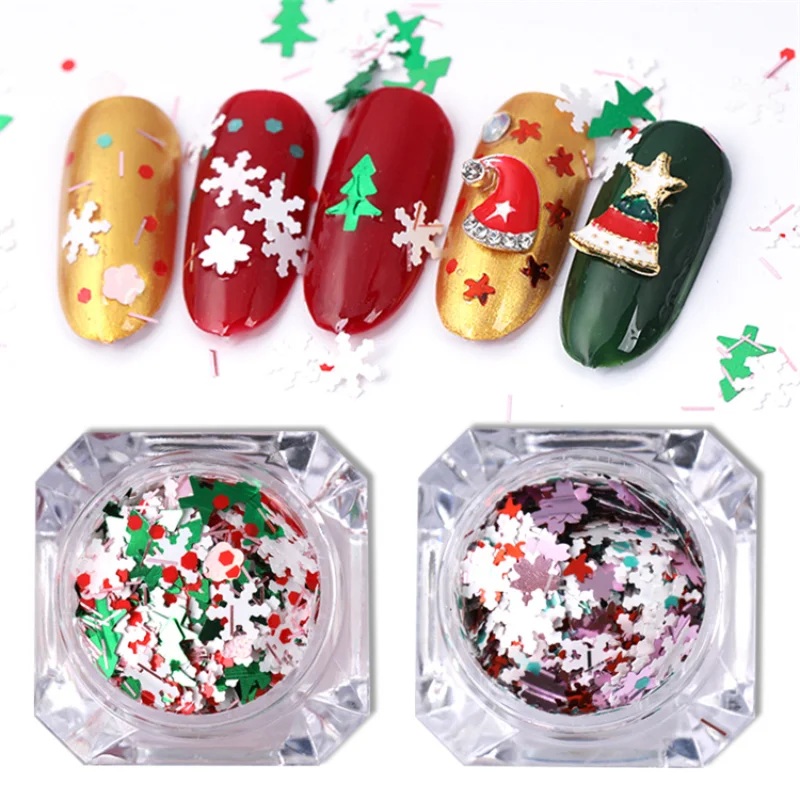

1 коробка, 3D снежинки, красочные ломтики, блестки для ногтей, Рождественская елка, украшения для дизайна ногтей, Ультрафиолетовый Гель-лак, тонкие наклейки для маникюра