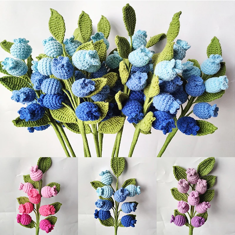 

Blueberries Party Hand-Knitted Fake Flowers Artificial Crochet Bouquets Handmade Knitting Fruit Flowers Home Decor DIY Floral