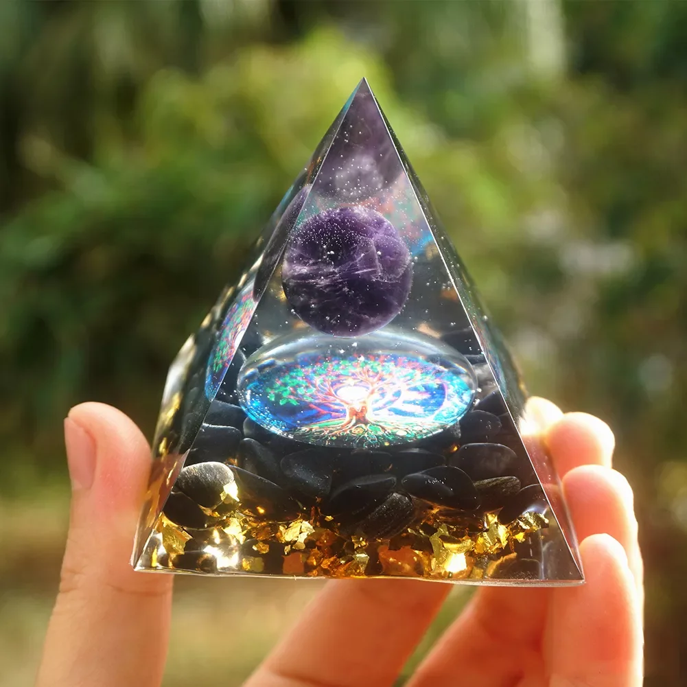 

Energy Generator Orgone Pyramid Amethyst Peridot Healing Natural Crystal Reiki Chakra Generator Orgonite Pyramid Meditation Tool