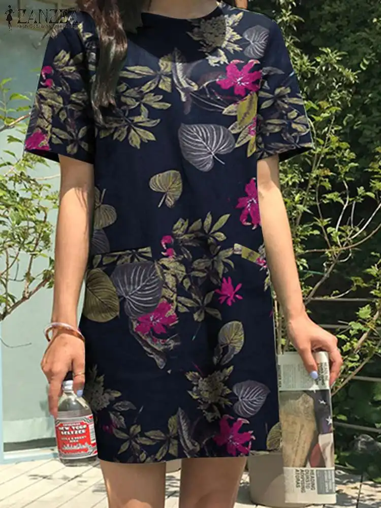 

ZANZEA Female Fashion Elegant Casual Loose Beach Vestidos Women Summer Floral Printed Dress Short Sleeve O-Neck Pockets Sundress