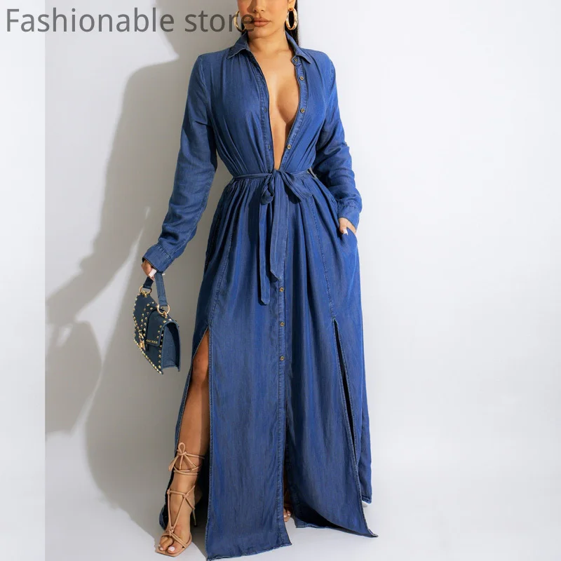 

Женское повседневное джинсовое платье макси с длинным рукавом, отложным воротником, пуговицами спереди и поясом