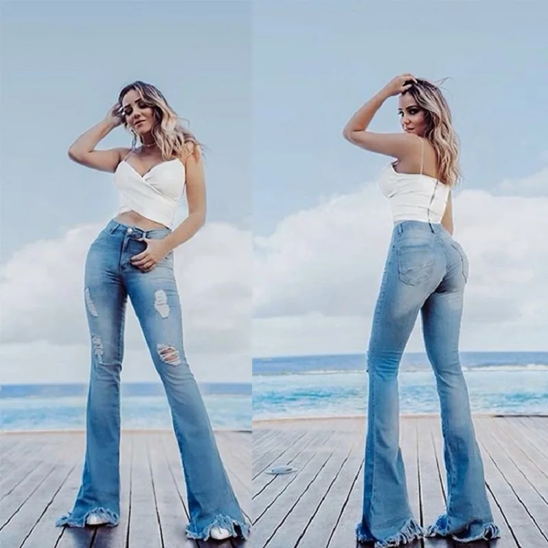 

New jean women's stitching in the waist hole show slim slim horn jeans pants