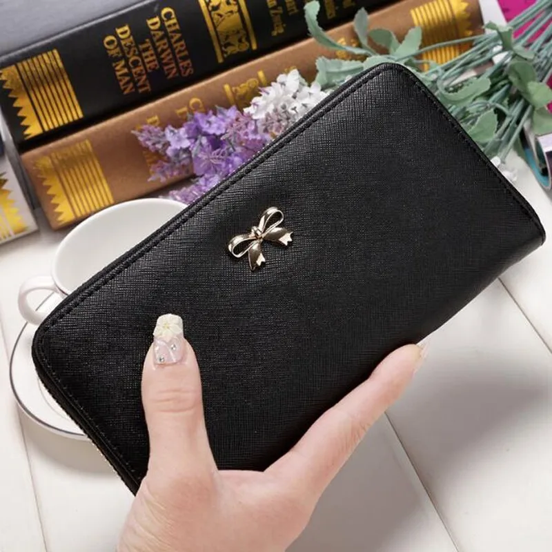 

Luxury PU Leather Women Long Zipper Coin Purses Bow Design Clutch Lady Female Money Credit Card Holder Clutch bag