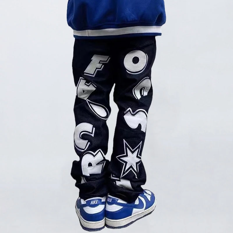 

Four Seasons Men's Jeans Vibe Style Letters Stars Print Streetwear Hip Hop Pants Straight Loose Jeans Fashion Men's Ins Hot Sale