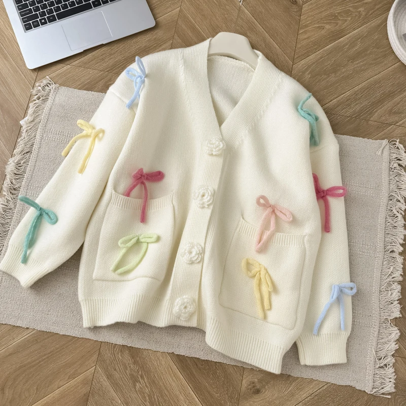 Осень 2024 вязаная одежда weet яркий свободный однобортный свитер с трехмерными