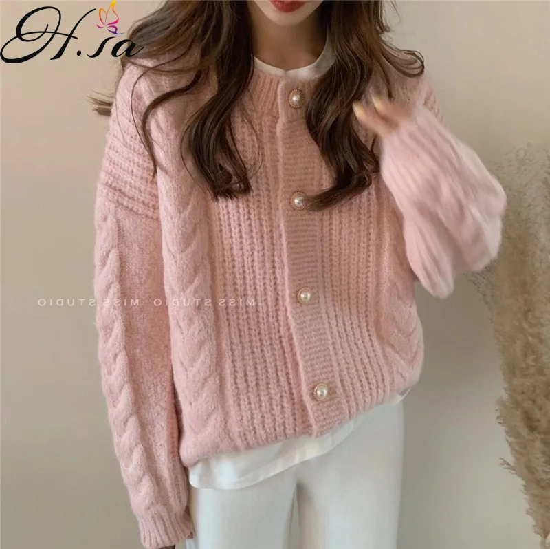 

Hsa Women's Sweater Crop Cardigan For Women Autumn Winter 2022 Korean Fashion Knitting Pink Jacket Twisted Outerwear Roupa Mujer