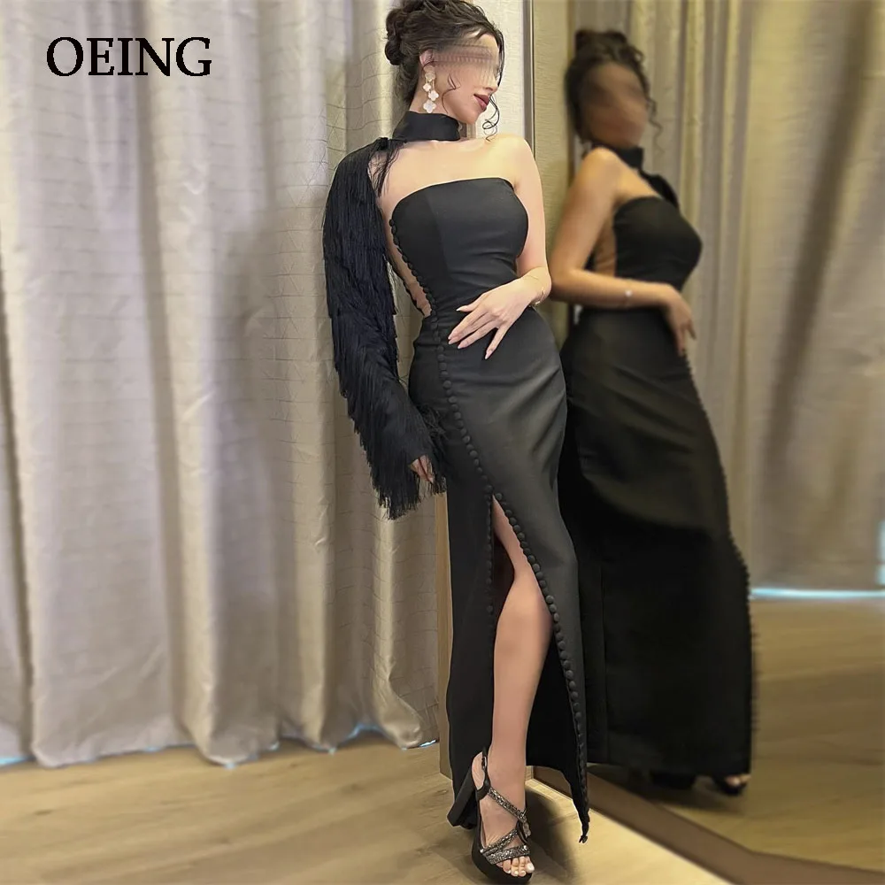 

OEING Black Sexy Strapeless Evening Dress Mermaid Pleated Prom Gown Tassel ShoulderDresses Formal Occasion Vestidos De Fiesta