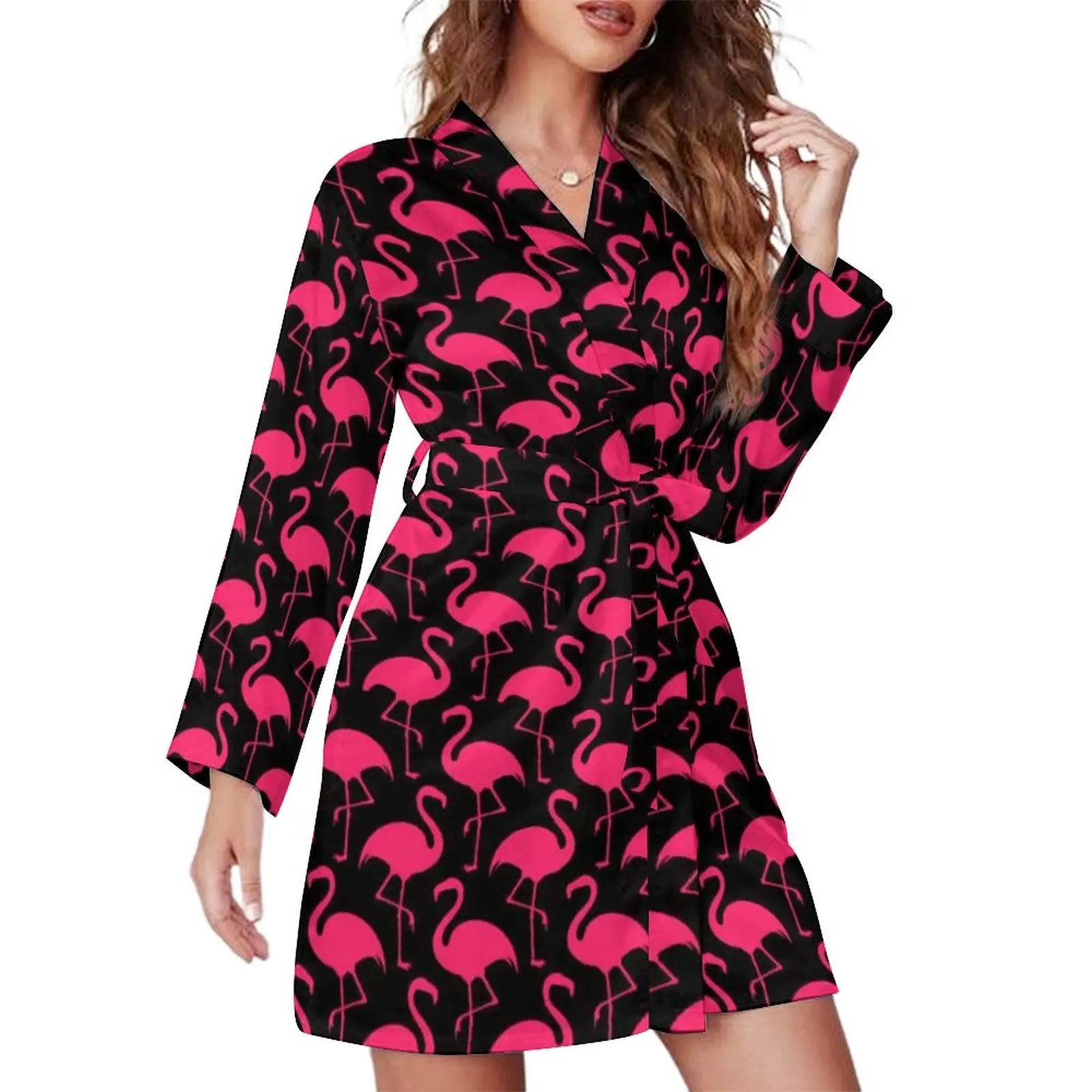 

Cool Animal Print Pajama Robe Pink Flamingos Pattern Long Sleeve Fashion Pajamas Robes Lady V Neck Casual Bathrobe Autumn Dress