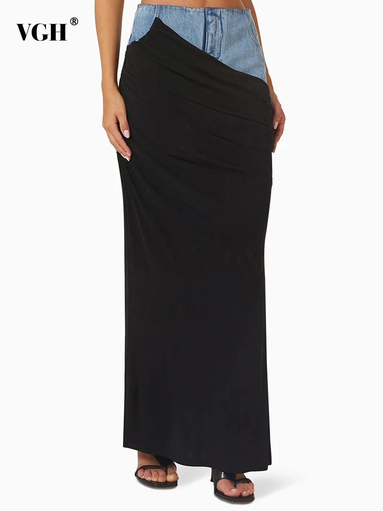 

Женская джинсовая юбка с карманами VGH, повседневная трапециевидная юбка с высокой талией, со складками, в стиле пэчворк