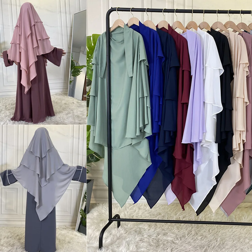 2023 Dubai Turkey Turban Muslim Khimar Lady Fashion Three Layer Ruffles Hijabs Arabic Women Islamic Shawls Scrafs Prayer Garment