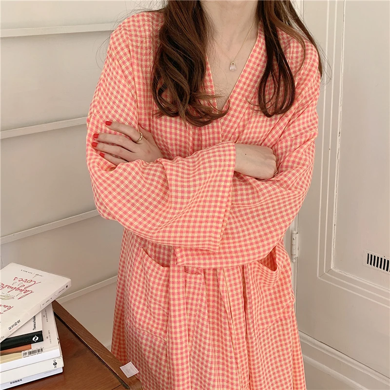 Women Plaid Robe Loose Pajamas Japanese Style V-neck Long Sleeve Ins Nightgown Comfortable Casual Spring New Sleepwear