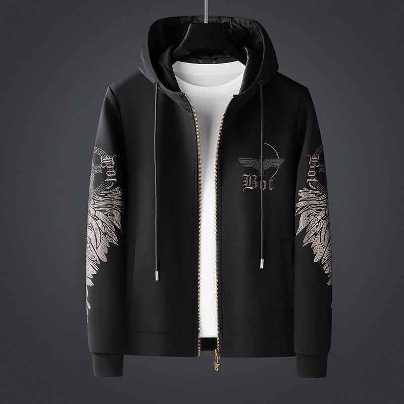 

Black 2023 Luxury European Embroidered Loose Casual Gilded Wing Top Hooded Jacket Men High Quality Autumn Winter Men Fashion