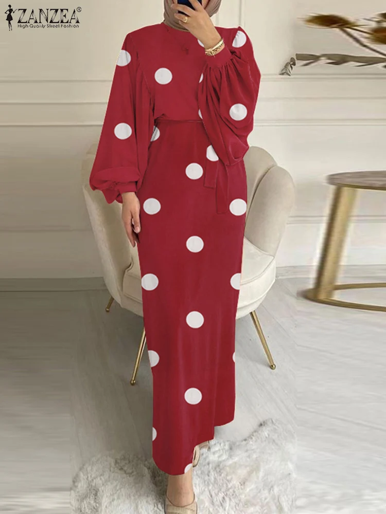 

ZANZEA Spring Women Muslim Dress Elegant Casual Abaya Kaftan Maxi Vestido Robe Puff Sleeve O-Neck Polka Dots Printed Sundress