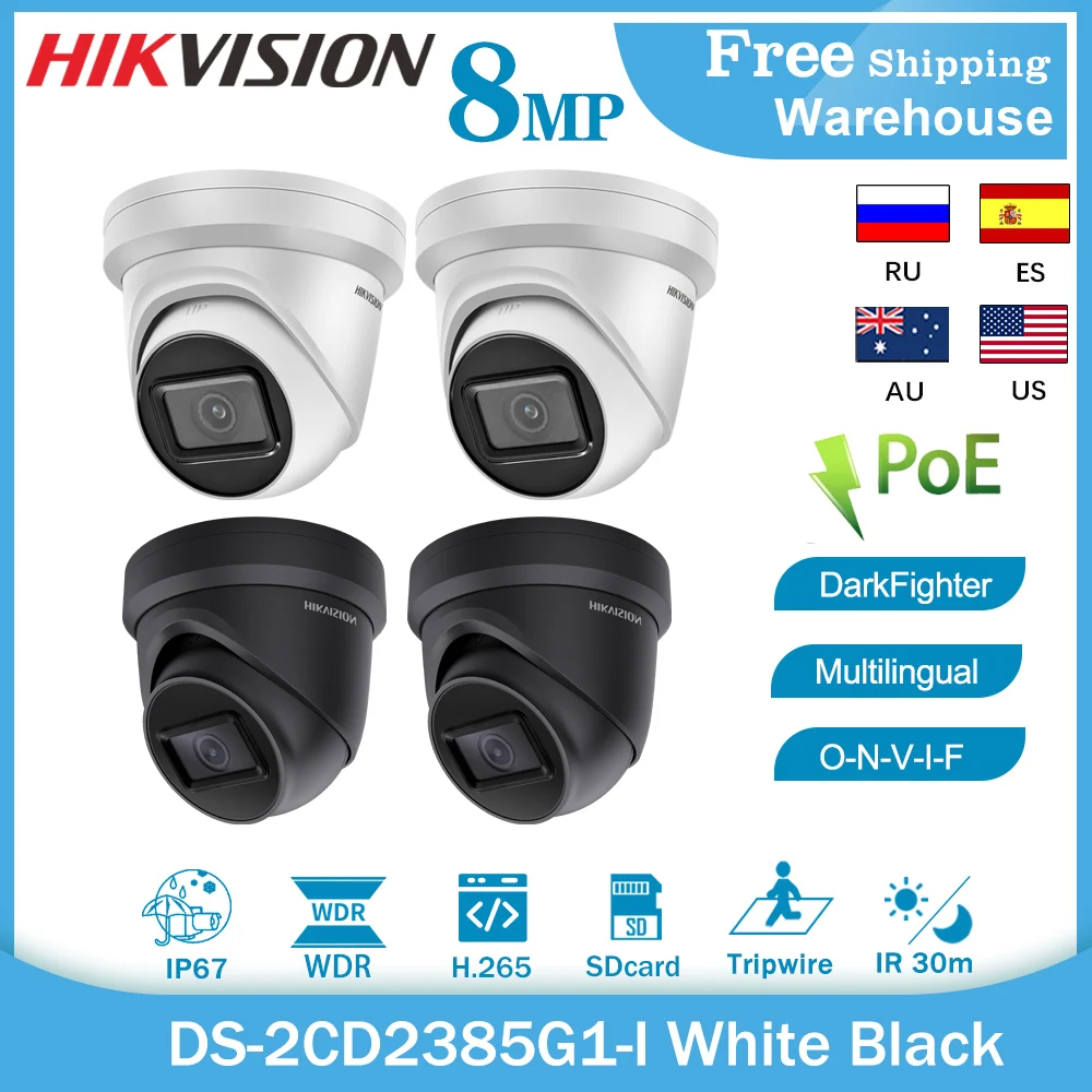 

Hikvision 8MP Security Camera DS-2CD2385G1-I 4K DarkFighter PoE IP67 H.265+ IR 30m Turret Network CCTV IP Webcam Face Detection