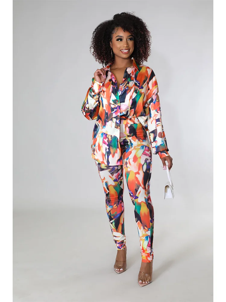 

Fashion Women's Clothing 2023 Summer Satin Multicolor Printed Long Sleeve Top High Waist Small Foot Trousers Women's 2-Piece Set