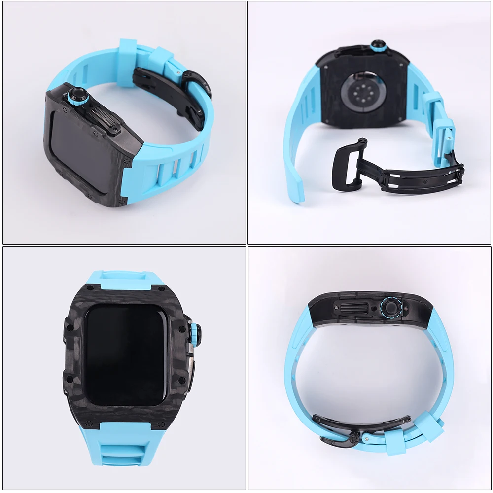 Fluorine Rubber Strap Kit for Apple Watch 8 7 45mm Carbon Fiber Titanium Alloy Case Cover Bumper for iWatch 6 SE 5 4 44mm Band