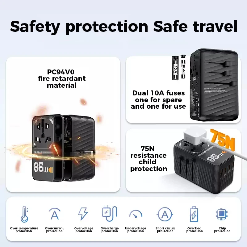 Универсальный дорожный адаптер TESSAN 85W GaN с выдвижным кабелем USB C PD, быстрая зарядка, универсальное зарядное устройство для ЕСВеликобританииСШААвстралии (art.: 3920da3a44552) - 3920da3a44552