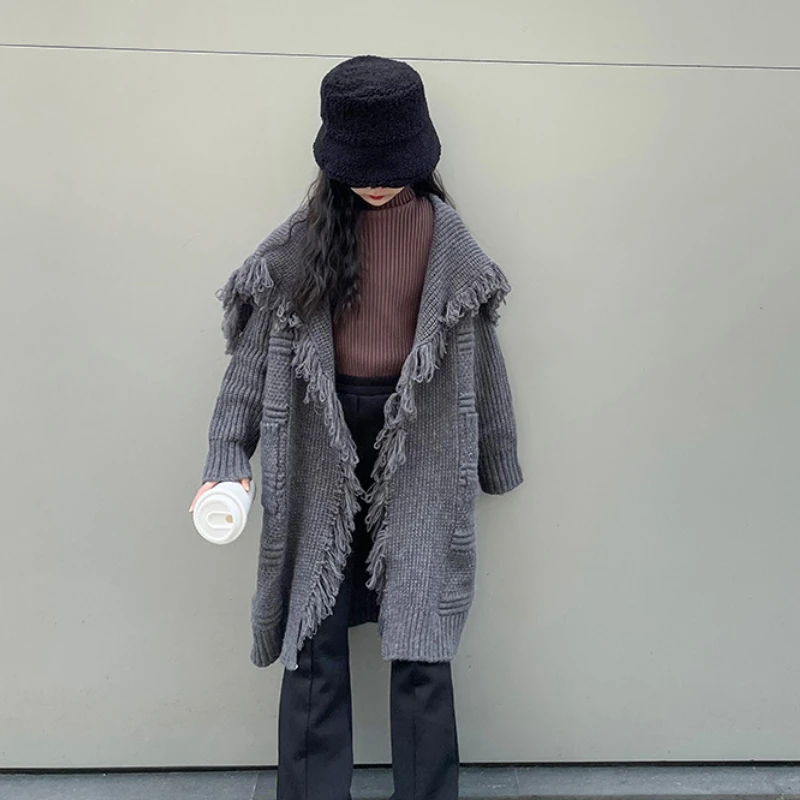 

Girls Autumn Winter Cardigan Grey Loose Tassels Long Oversized Sweater for Kids Thick Warm Trend Cool Teenage Children Outerwear