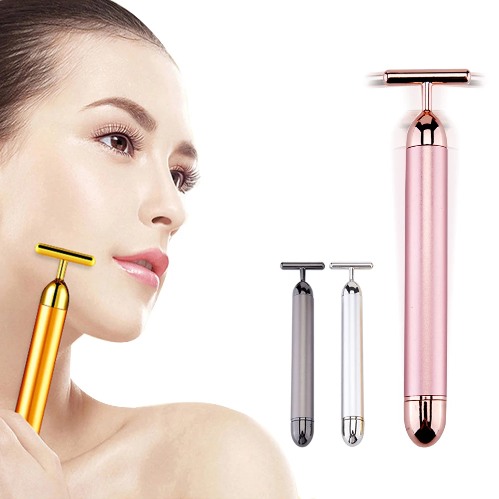 

24k Gold Face Lift Bar Roller Vibration Slimming Massager Facial Stick Facial Beauty Skin Care T Shaped Vibrating Tool