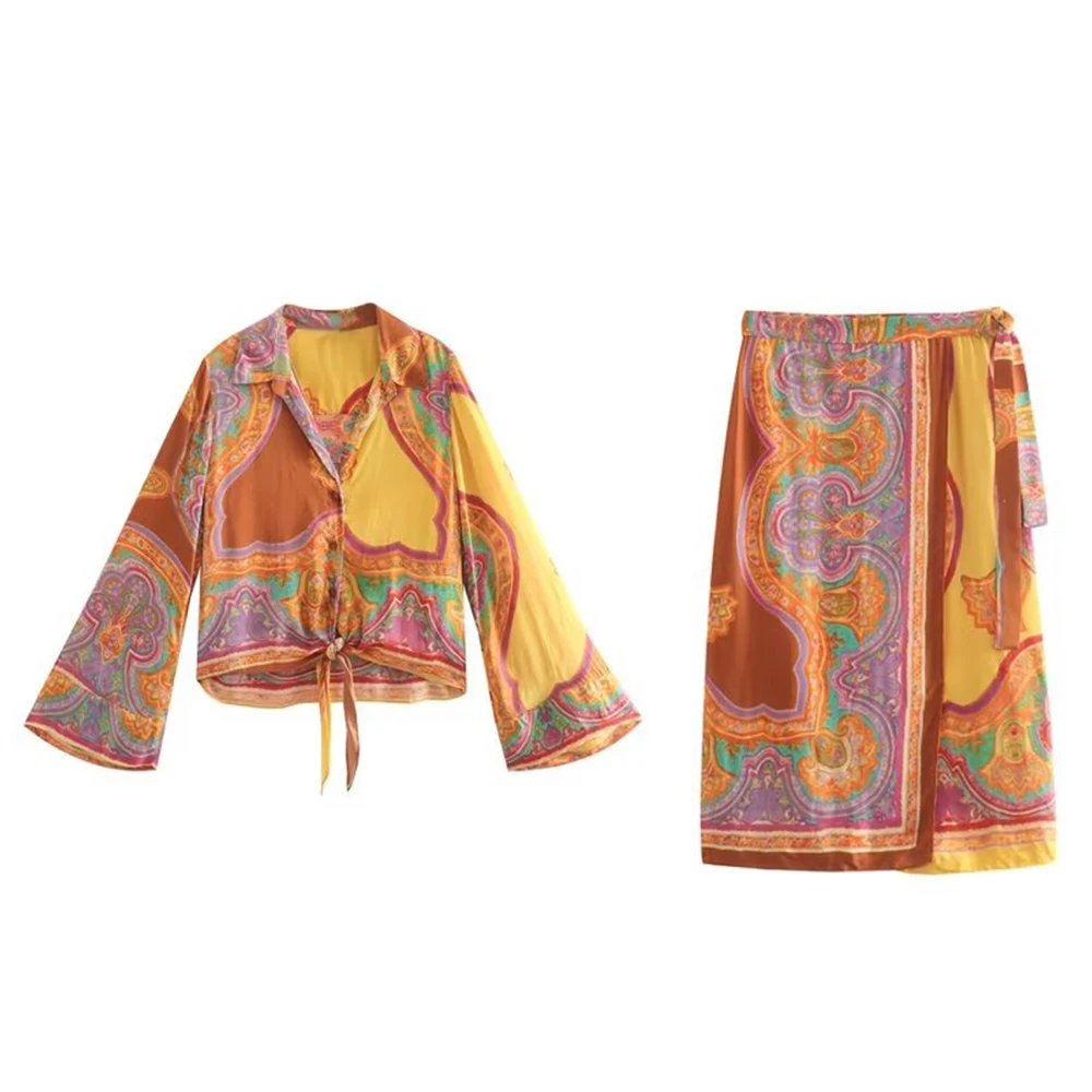 

Women's New Knotted Decorative Printed Shirt Casual 2022 Fashion Short Retro Female Chic Blouse + High Waist Skirt Two Piece Set