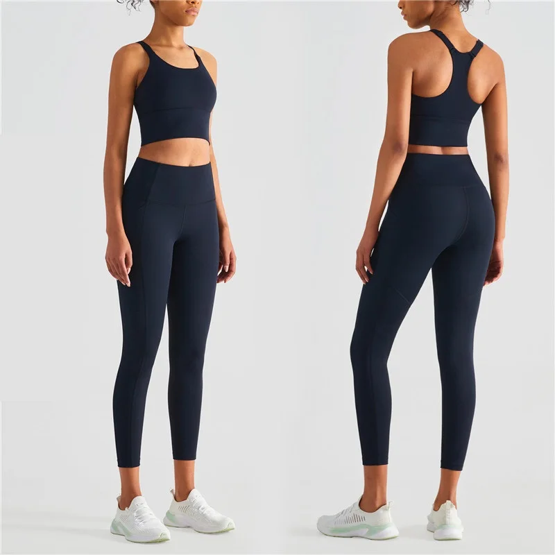 Solid Color Women Gym Fitness Yoga Set Solid Color Adjustable Shoulder Straps Top Leggings 2pc Suit Soft Comprehensive Training