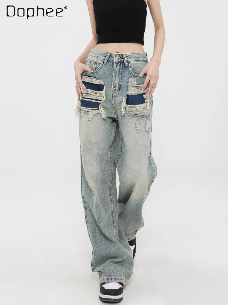 

Streetwear Loose Washed Ripped Cool Jeans for Women 2023 Summer Vintage Baggy Straight Mopping Wide Leg Denim Trousers Female
