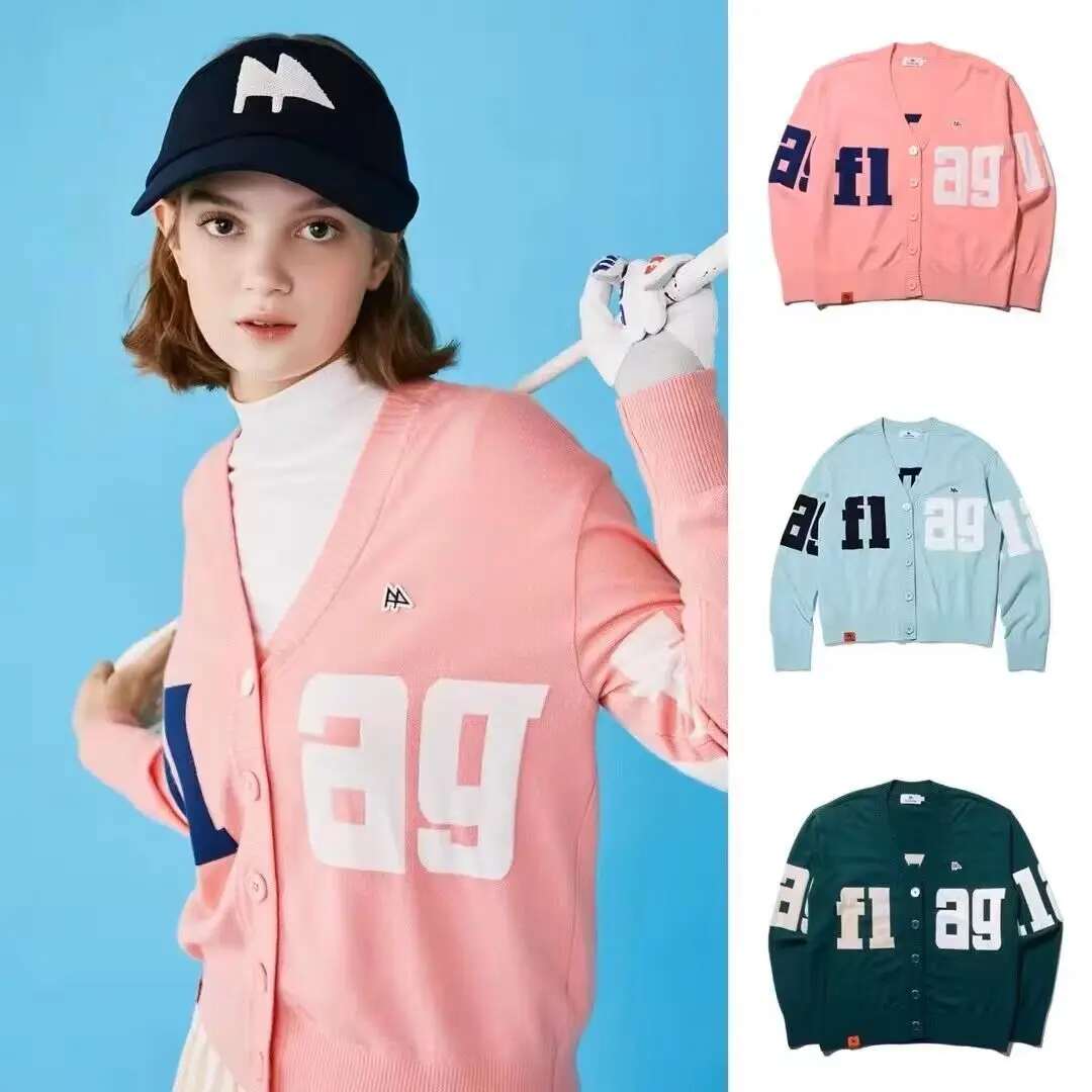 

Golf Women's Fashion Knitted Cardigan Dark and Light Contrast Button Cardigan Outdoor Sports Long Sleeve Sweater