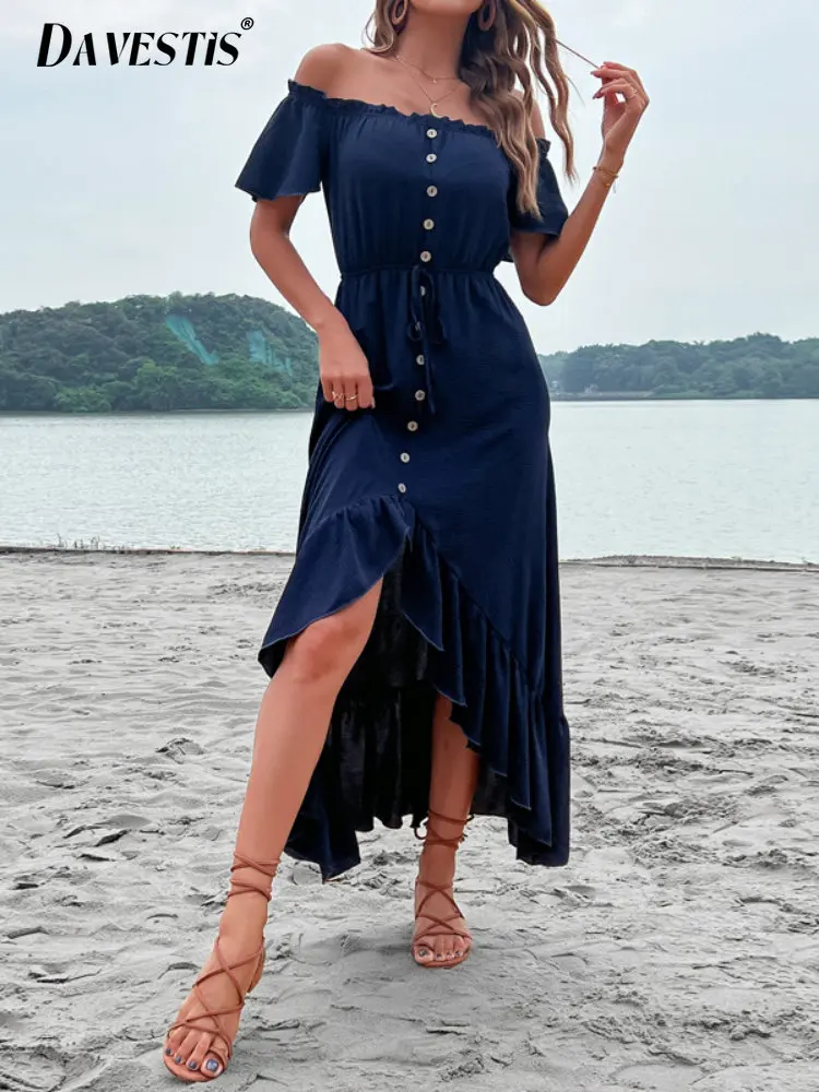 

Vacation Style Strapless Dress Women 2023 Summer Loose One-word Collar Irregular Slit Dresses for Women Casual Cardigan Dress