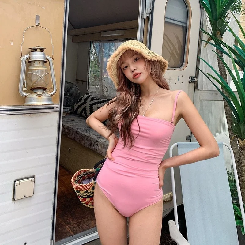 

Retro new style one-piece swimsuit women ins style Korean style simple hot spring bikini