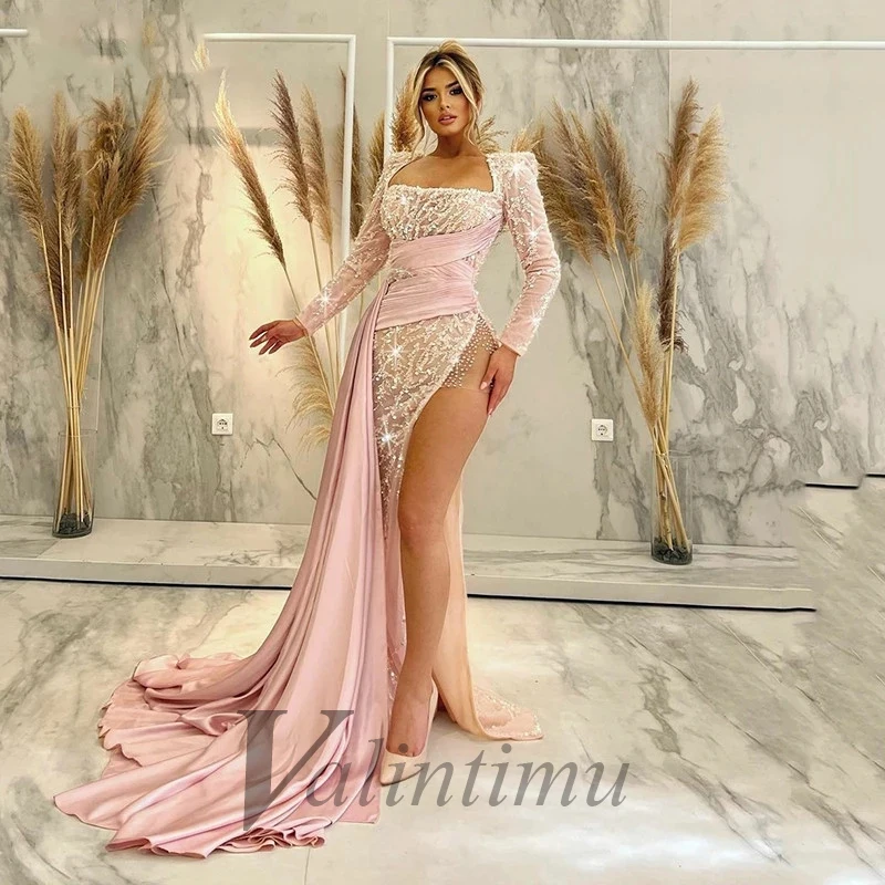 

Evening Satin Sexy Trumpet Beading Square Collar Dress Made To Order Tulle Illusion Sparkly Robes De Soirée Formal Prom