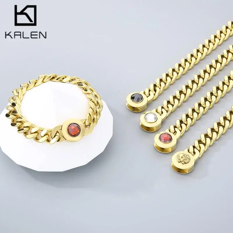 

HipHop Stainless Steel Stone Cuban Chain Bracelet for Men Women Skull Heavy Necklace Polished Gold Color Gift Male Charm Jewelry
