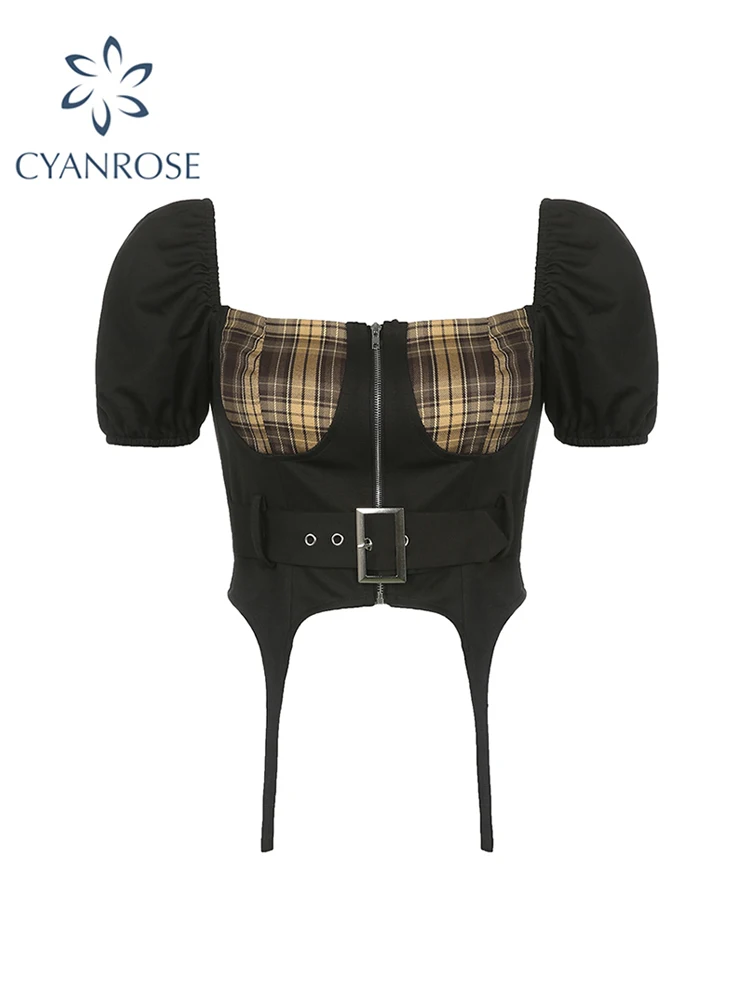 

Женская футболка в стиле Харадзюку, укороченный топ в стиле пэчворк с квадратным воротником, черная винтажная одежда в Корейском стиле для девушек Y2k, летняя футболка с коротким рукавом, 2023