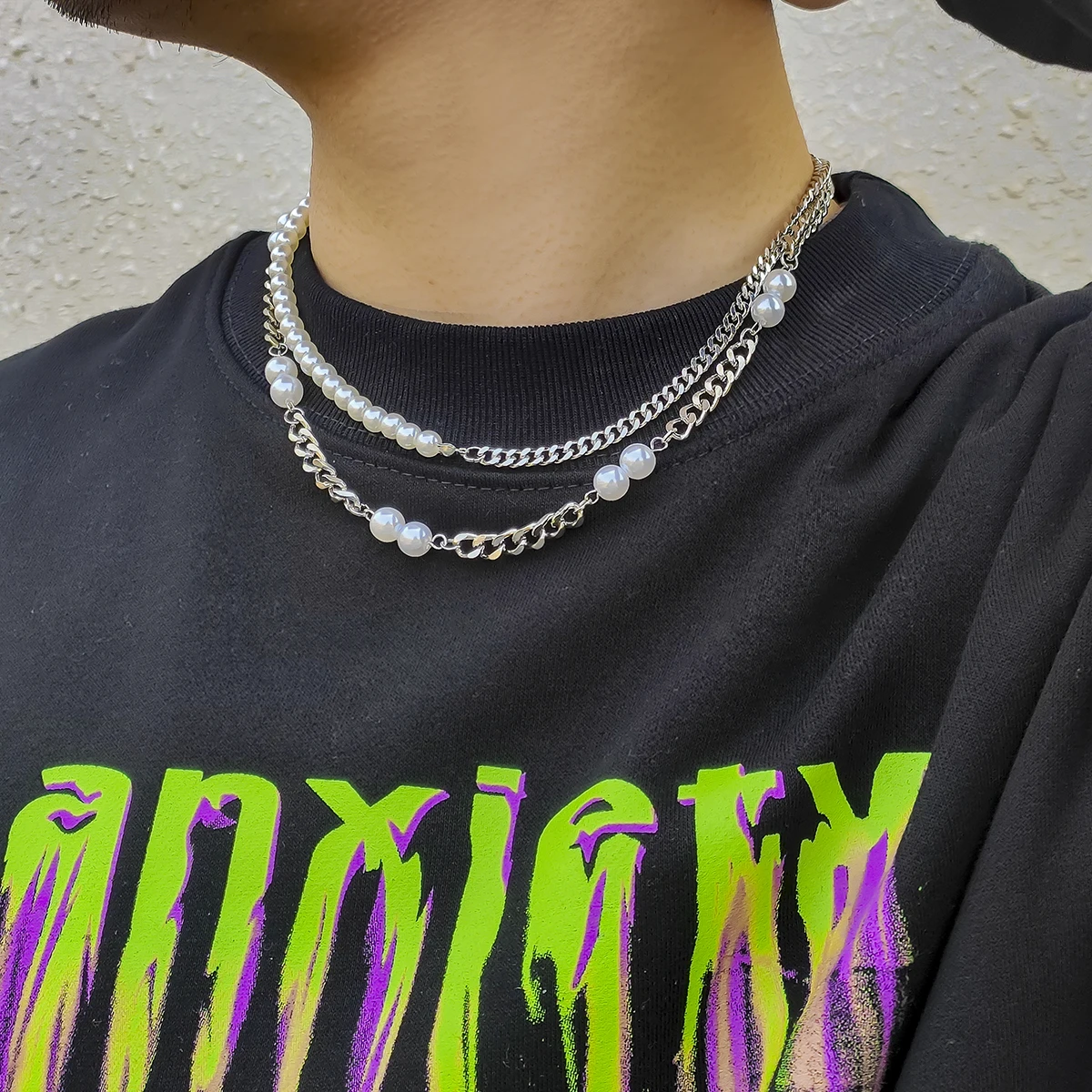 

Hip Hop Asymmetric Round Simulated Pearls Multilayer Choker Necklace For Men Silver Color Chain Minimalism Collar Unisex Jewelry