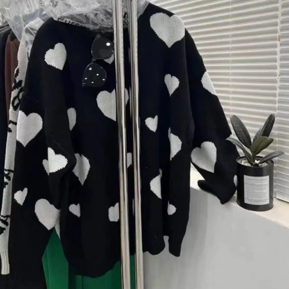 

Popular Korean Style Skin-Touch Lady Heart Pattern Loose Fit Pullover Sweater Top Warm Women Knitwear Daily Clothing