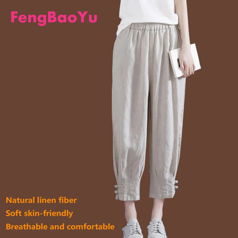 Fengbaoyu Linen Spring Summer Ladies Nine Points Pants Loose Solid Color Plate Buckle Cotton Linen Radish Pants Large Size 5XL
