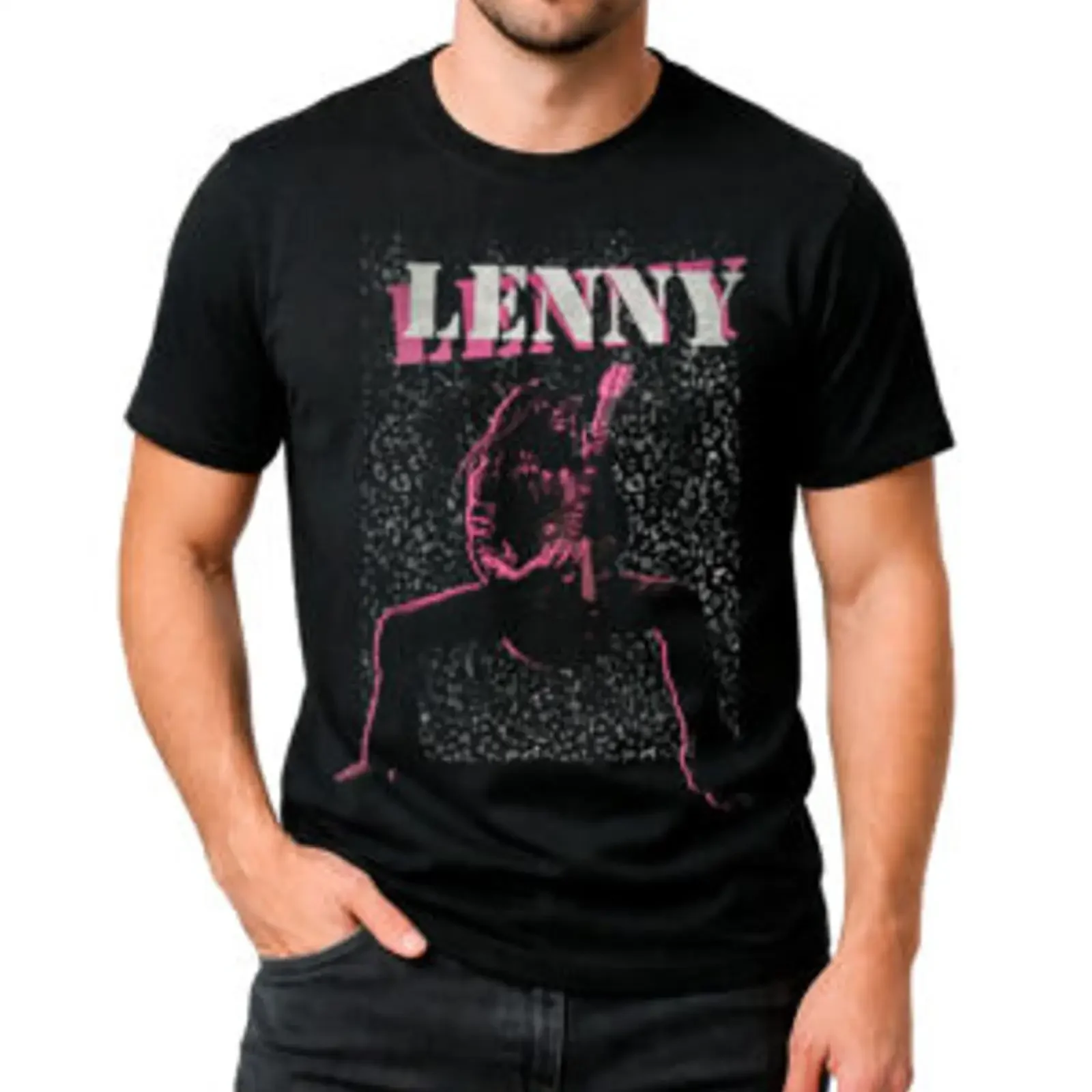 Фото Черная футболка LENNY KRAVITZ с розовой графикой гитариста и надписью, модель с леопардовым принтом, винтажная, с эффектом потертости, стильная, слегка состаренная. №1