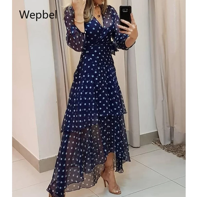 

WEPBEL модное повседневное женское платье синее платье в горошек с цветочным принтом с длинным рукавом трапециевидной формы с высокой талией ...