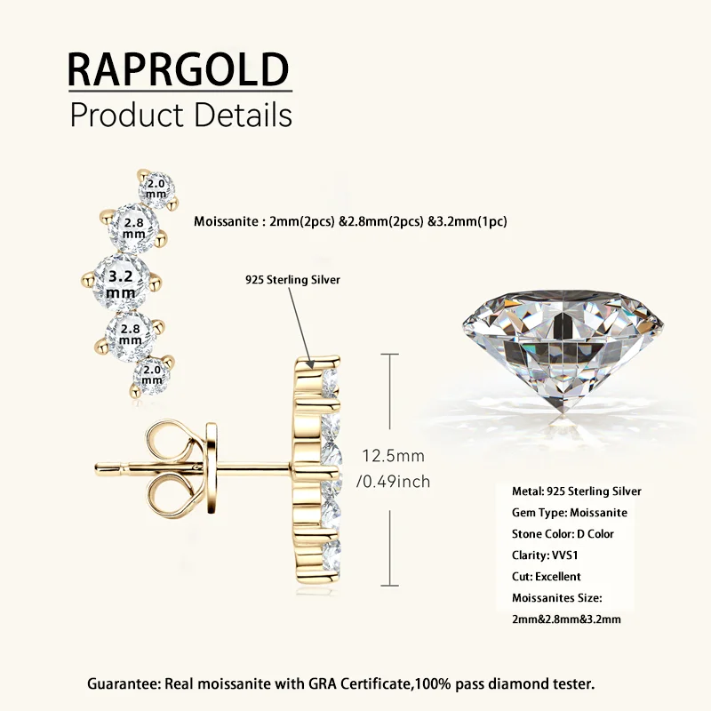 Сертифицированные RAPRGOLD GRA серьги-гвоздики с муассанитом для женщин серьги из