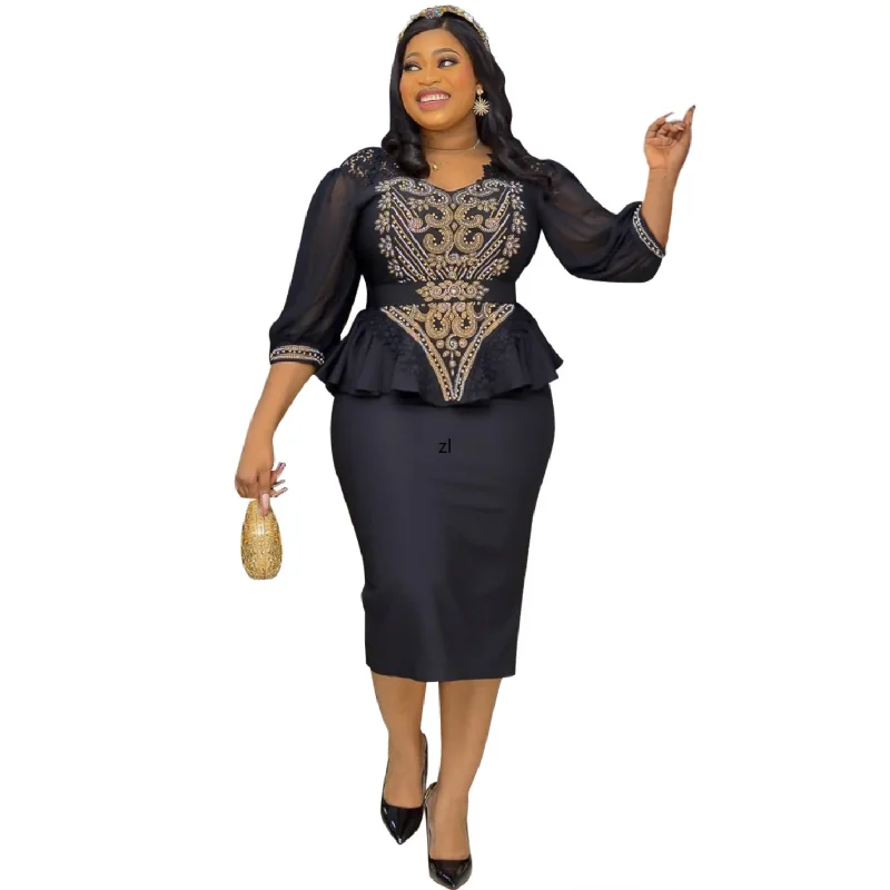 

2 Piece Skirt Sets African Skirts For Women Party Event Pearl Beaded Stretch Luxury Formal Cocktail Africa Clothing Evening