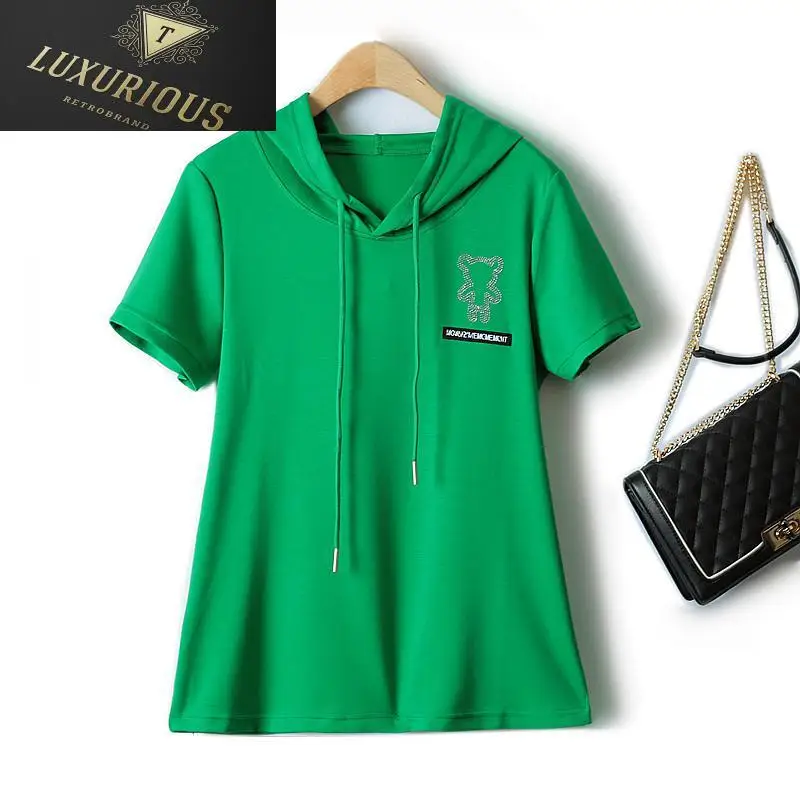 

Милые летние топы для женщин, новинка 2024, модная Корейская хлопковая футболка с капюшоном и короткими рукавами в стиле Харадзюку, популярная в мультяшном стиле, 4XL