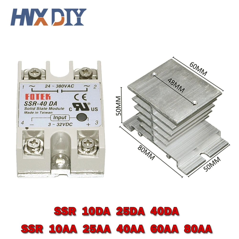 

Solid State Relay SSR 10DA 25DA 40DA 10AA 25AA 40AA 60AA 80AA DC Control 24-380V AC SSR-10 25 40 DA AA Relays Aluminum Heat Sink