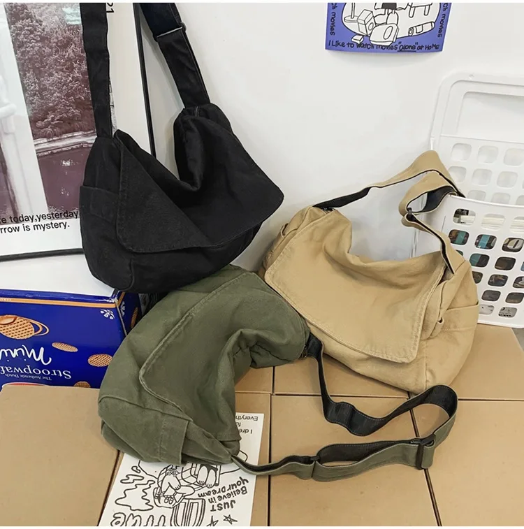 

Canvas Fabric Hoboy Shoulder Bag Soft Slouch Y2K Cool style Large capacity simple Retro Book computer Sport travel Messenger bag