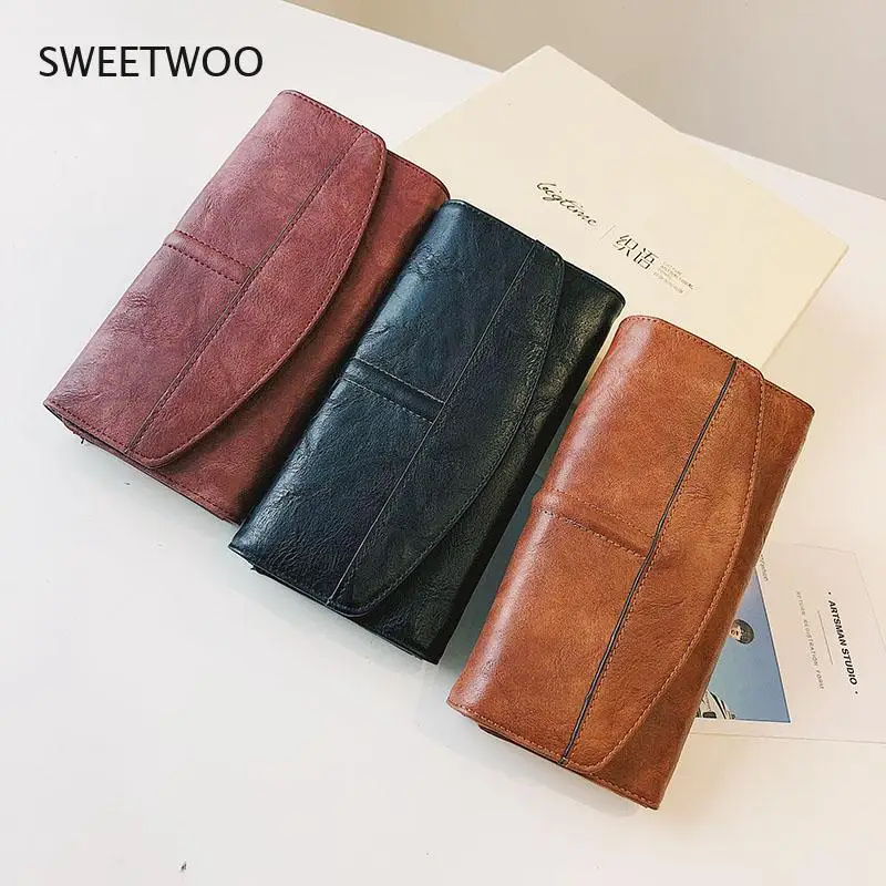 Carteira para Mulher Bolso para Telefone e Cartões de Boa Vintage Trifold Longo Trava Qualidade