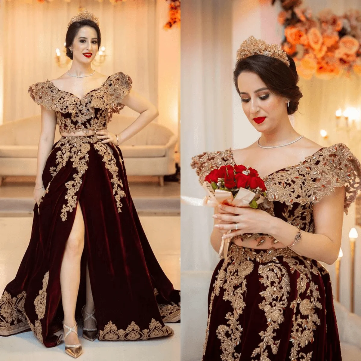 14809#Arabic Caftan Prom Dress Slit two pieces Albanian Burgundy Velvet Gold Lace Appliqued Crystals Beaded Kaftan Evening Gown